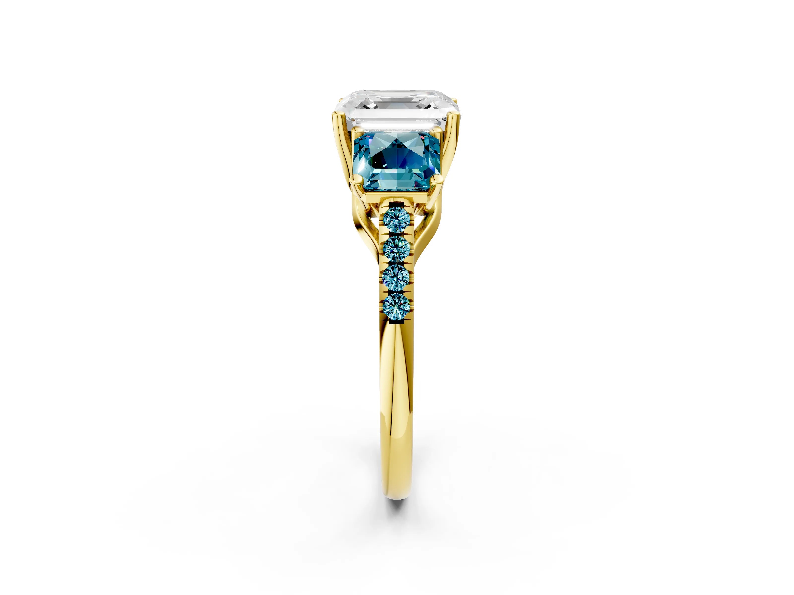 Yellow gold Three-Stone Asscher Cut Diamond Ring with Round with Blue Topaz side stone Pavé Band and Prong Setting_2