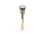 Yellow gold Three-Stone Asscher Cut Diamond Ring with Round with Blue Topaz side stone Pavé Band and Prong Setting_2