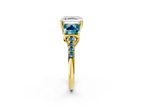 Yellow gold Three-Stone Asscher Cut Diamond Ring with Round with Blue Topaz side stone Pavé Band and Prong Setting_2