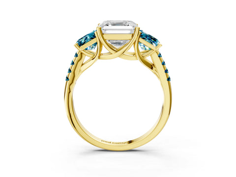 Yellow gold Three-Stone Asscher Cut Diamond Ring with Round with Blue Topaz side stone Pavé Band and Prong Setting_3
