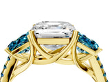 Yellow gold Three-Stone Asscher Cut Diamond Ring with Round with Blue Topaz side stone Pavé Band and Prong Setting_4