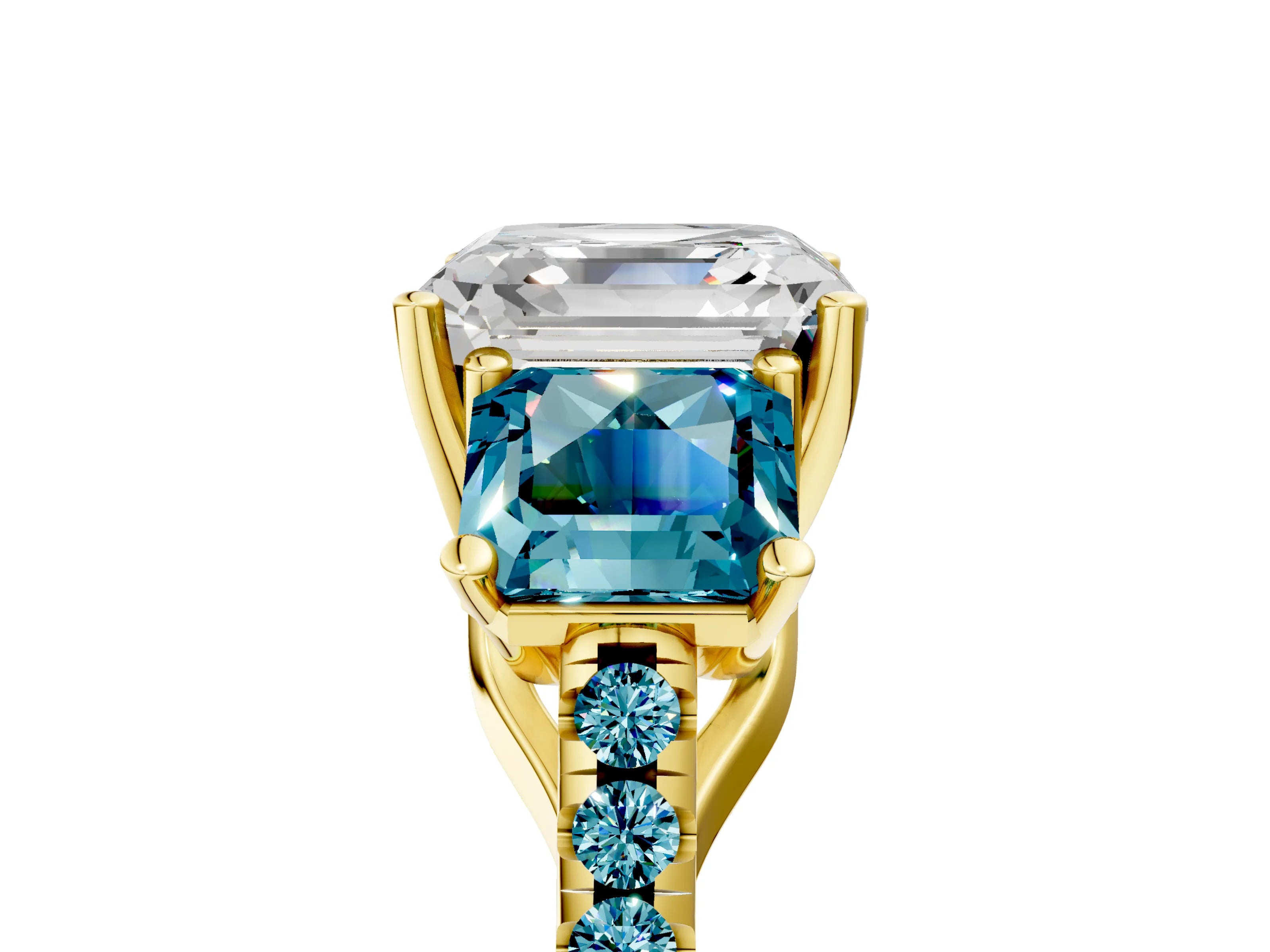 Yellow gold Three-Stone Asscher Cut Diamond Ring with Round with Blue Topaz side stone Pavé Band and Prong Setting_5