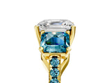 Yellow gold Three-Stone Asscher Cut Diamond Ring with Round with Blue Topaz side stone Pavé Band and Prong Setting_5