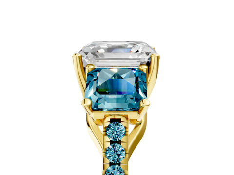 Yellow gold Three-Stone Asscher Cut Diamond Ring with Round with Blue Topaz side stone Pavé Band and Prong Setting_5