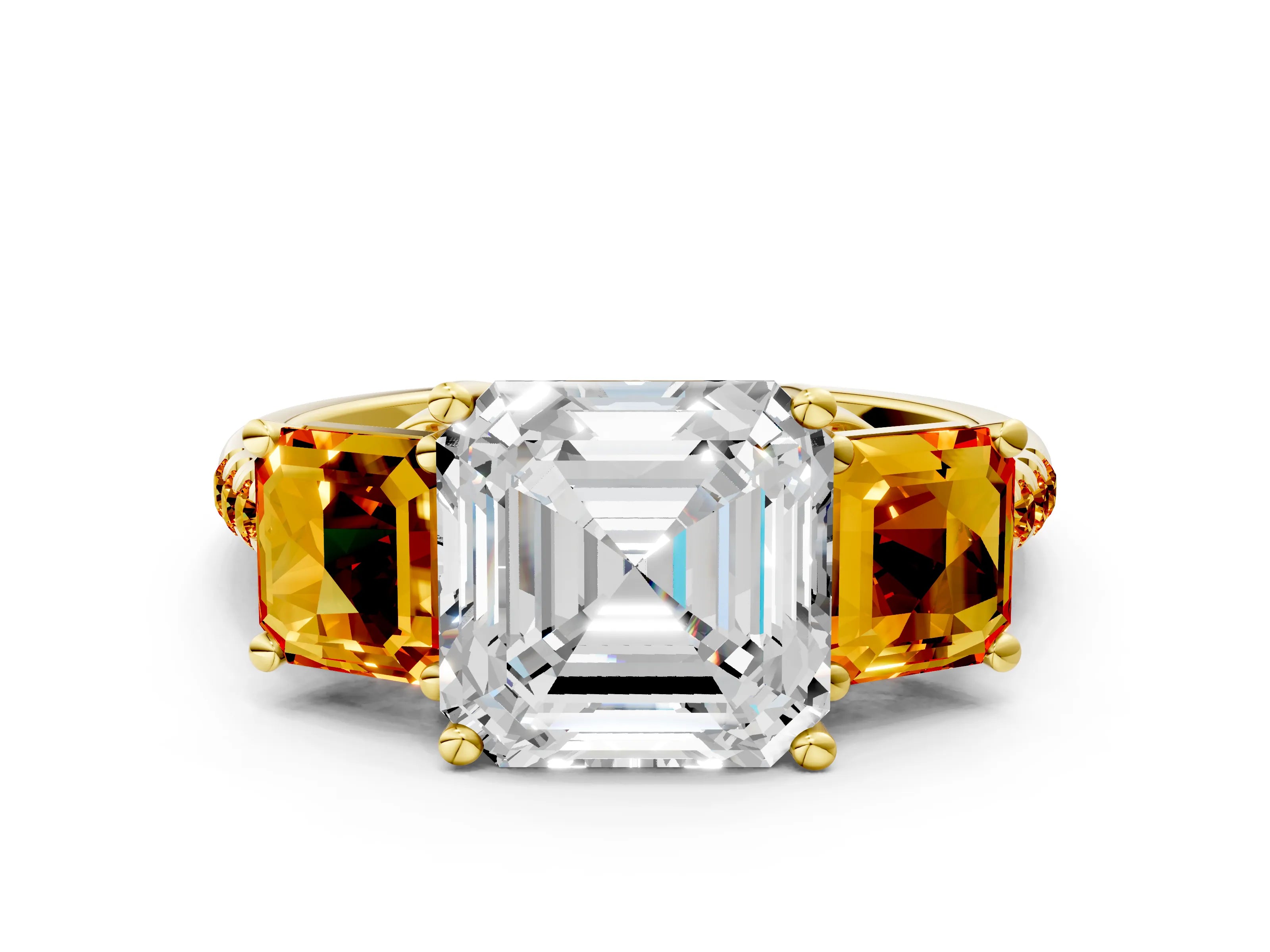 Yellow gold Three-Stone Asscher Cut Diamond Ring with Round with Citrine side stone Pavé Band and Prong Setting