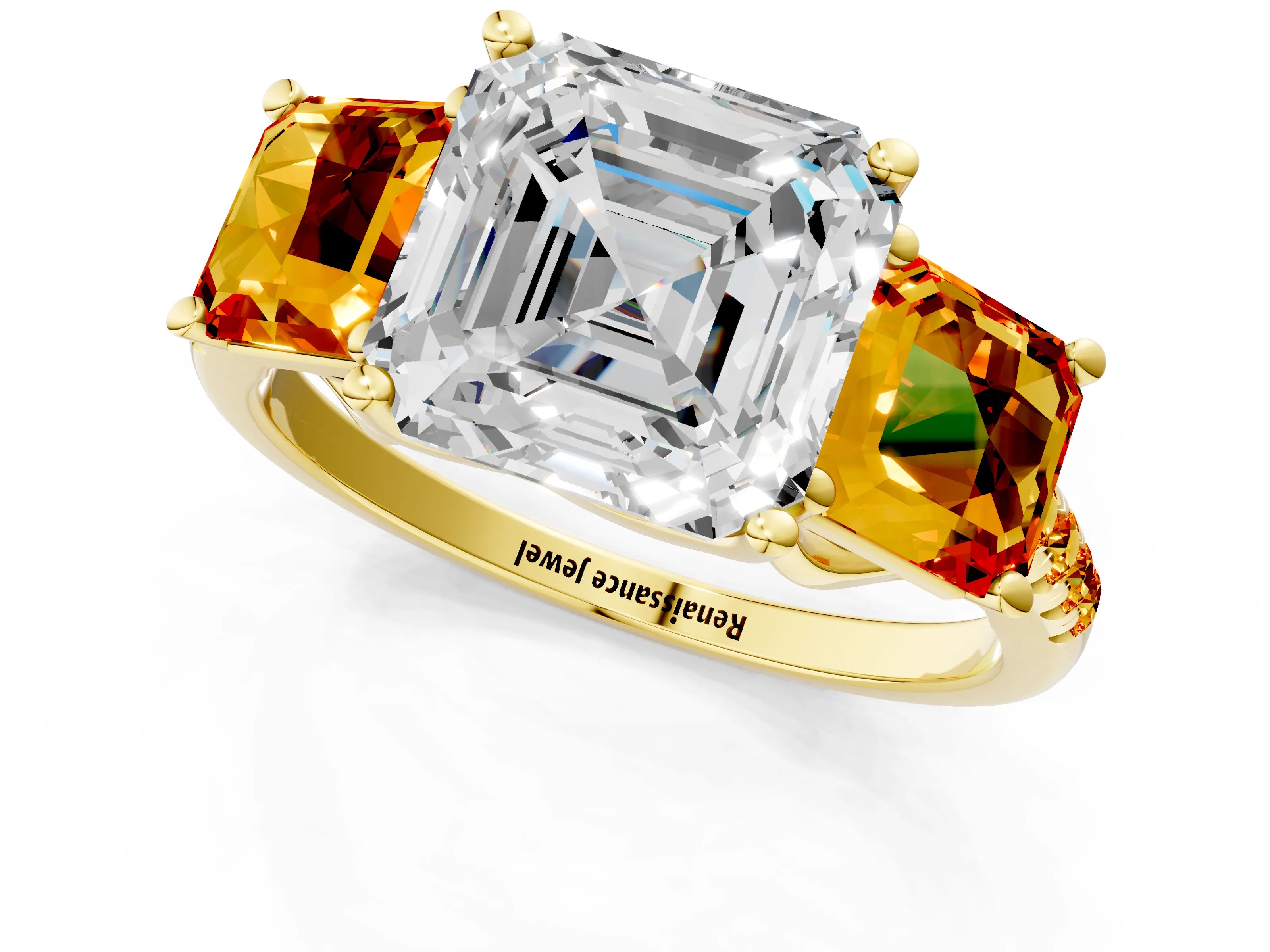 Yellow gold Three-Stone Asscher Cut Diamond Ring with Round with Citrine side stone Pavé Band and Prong Setting_1