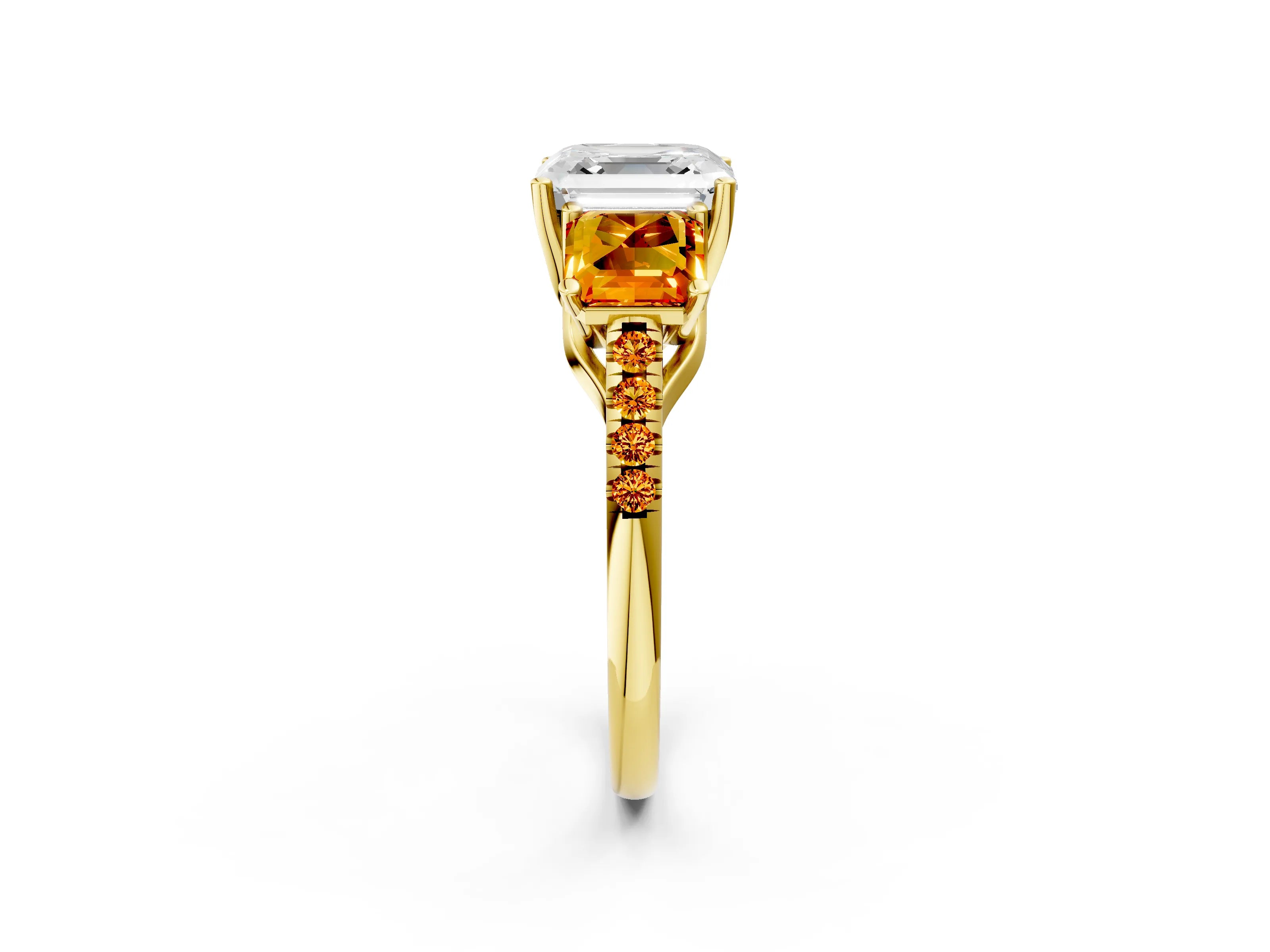 Yellow gold Three-Stone Asscher Cut Diamond Ring with Round with Citrine side stone Pavé Band and Prong Setting_2