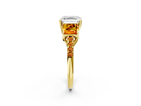 Yellow gold Three-Stone Asscher Cut Diamond Ring with Round with Citrine side stone Pavé Band and Prong Setting_2