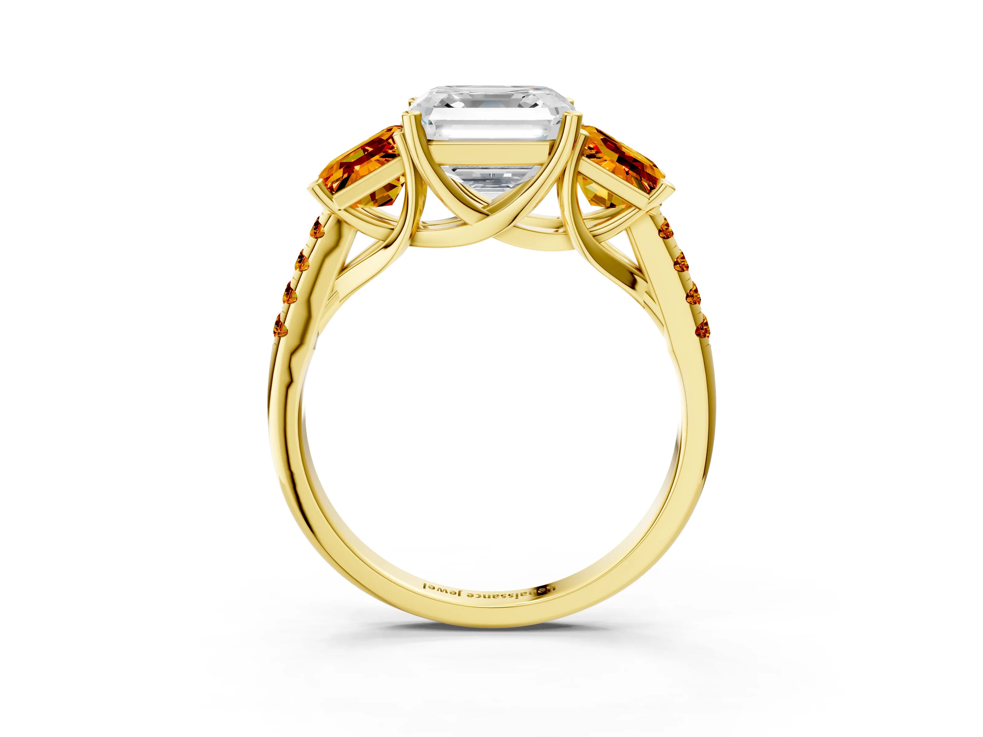 Yellow gold Three-Stone Asscher Cut Diamond Ring with Round with Citrine side stone Pavé Band and Prong Setting_3