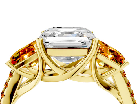 Yellow gold Three-Stone Asscher Cut Diamond Ring with Round with Citrine side stone Pavé Band and Prong Setting_4