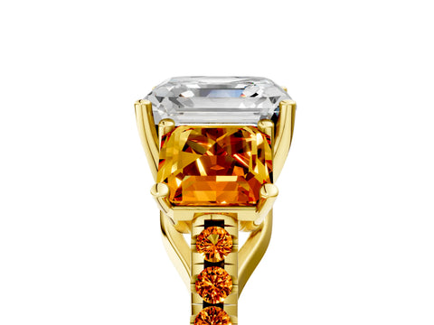 Yellow gold Three-Stone Asscher Cut Diamond Ring with Round with Citrine side stone Pavé Band and Prong Setting_5