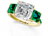 Yellow gold Three-Stone Asscher Cut Diamond Ring with Round with Emerald side stone Pavé Band and Prong Setting_1