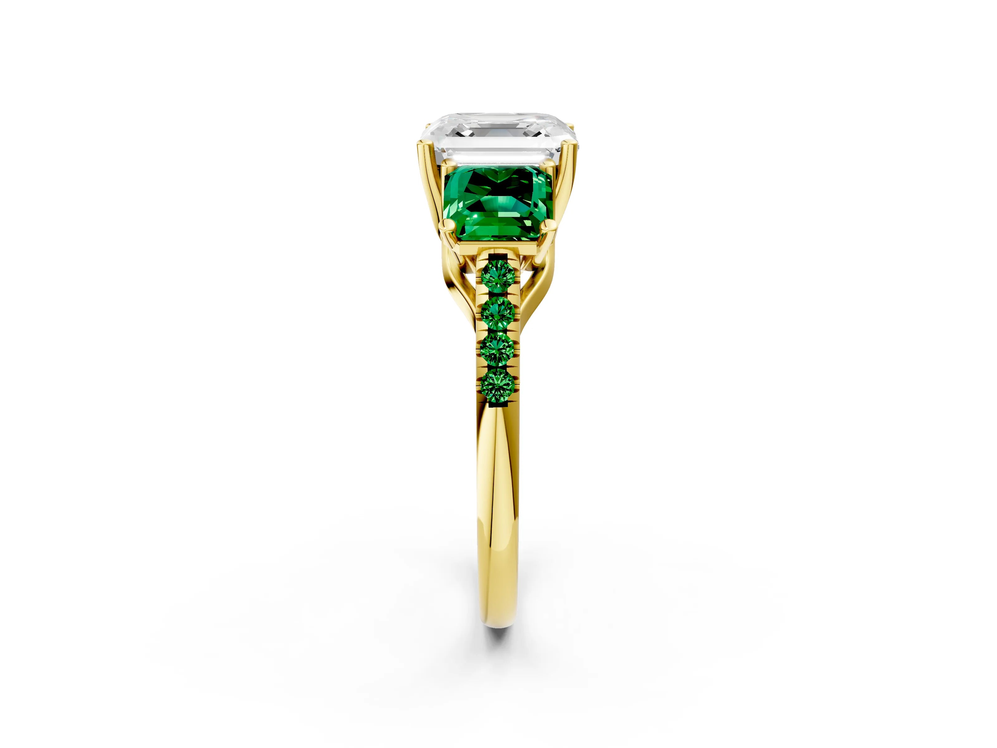 Yellow gold Three-Stone Asscher Cut Diamond Ring with Round with Emerald side stone Pavé Band and Prong Setting_2