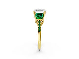 Yellow gold Three-Stone Asscher Cut Diamond Ring with Round with Emerald side stone Pavé Band and Prong Setting_2
