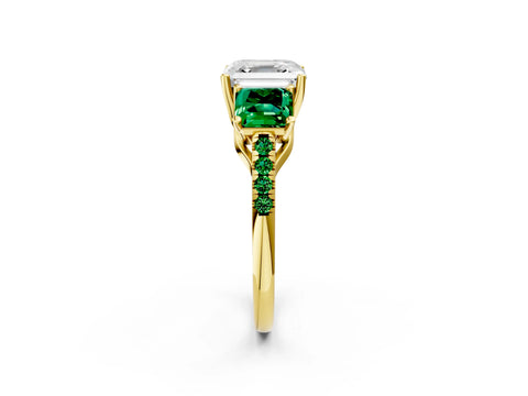 Yellow gold Three-Stone Asscher Cut Diamond Ring with Round with Emerald side stone Pavé Band and Prong Setting_2