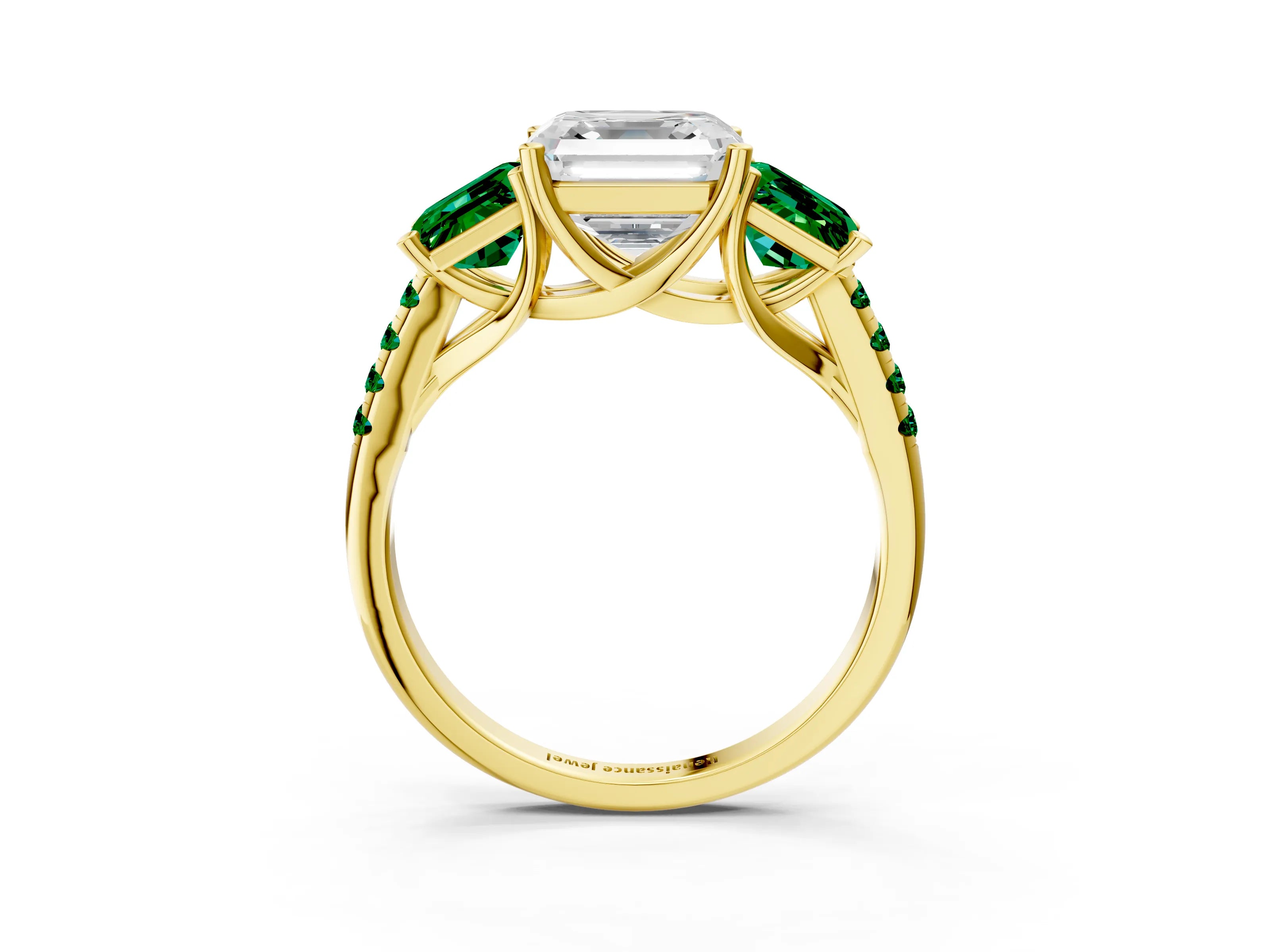 Yellow gold Three-Stone Asscher Cut Diamond Ring with Round with Emerald side stone Pavé Band and Prong Setting_3