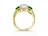 Yellow gold Three-Stone Asscher Cut Diamond Ring with Round with Emerald side stone Pavé Band and Prong Setting_3