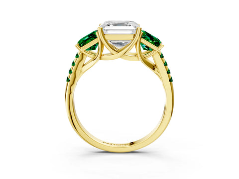 Yellow gold Three-Stone Asscher Cut Diamond Ring with Round with Emerald side stone Pavé Band and Prong Setting_3