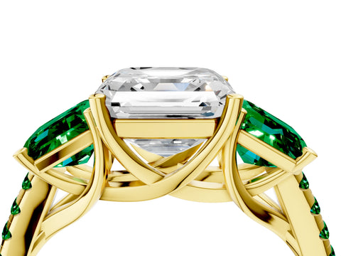 Yellow gold Three-Stone Asscher Cut Diamond Ring with Round with Emerald side stone Pavé Band and Prong Setting_4