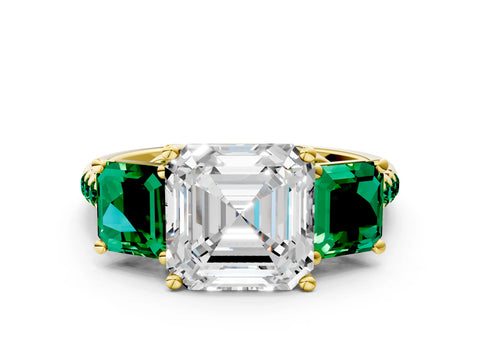Yellow gold Three-Stone Asscher Cut Diamond Ring with Round with Emerald side stone Pavé Band and Prong Setting