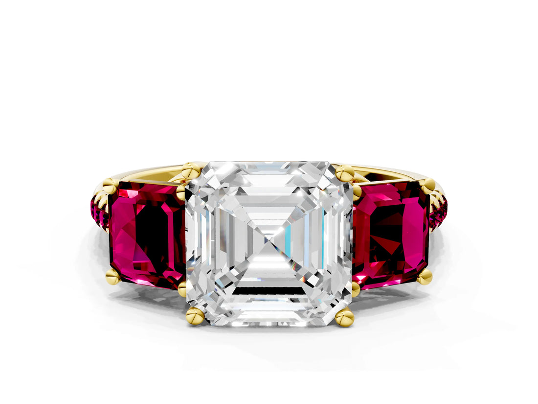Yellow gold Three-Stone Asscher Cut Diamond Ring with Round with Garnet side stone Pavé Band and Prong Setting