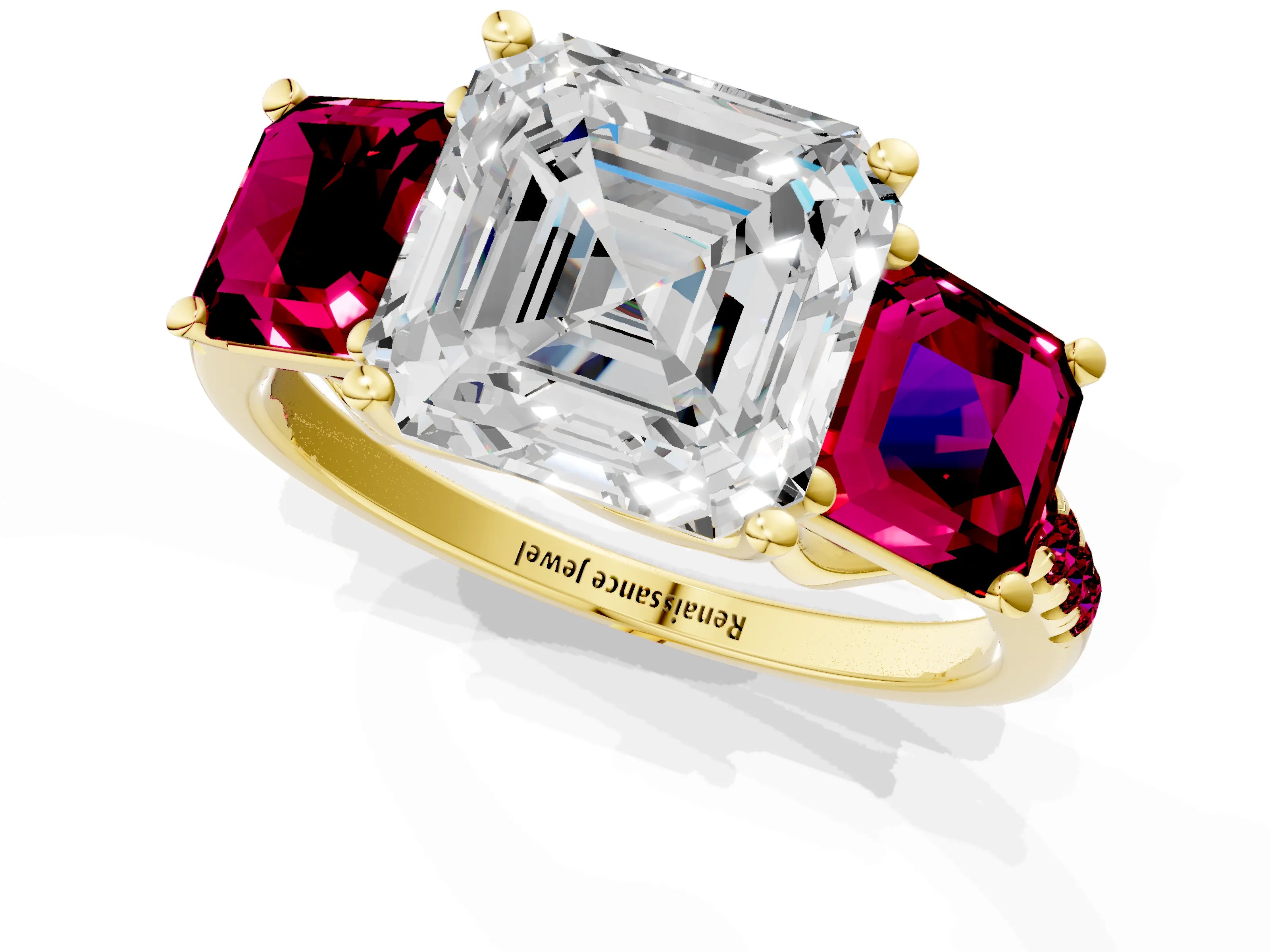 Yellow gold Three-Stone Asscher Cut Diamond Ring with Round with Garnet side stone Pavé Band and Prong Setting_1