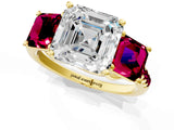 Yellow gold Three-Stone Asscher Cut Diamond Ring with Round with Garnet side stone Pavé Band and Prong Setting_1
