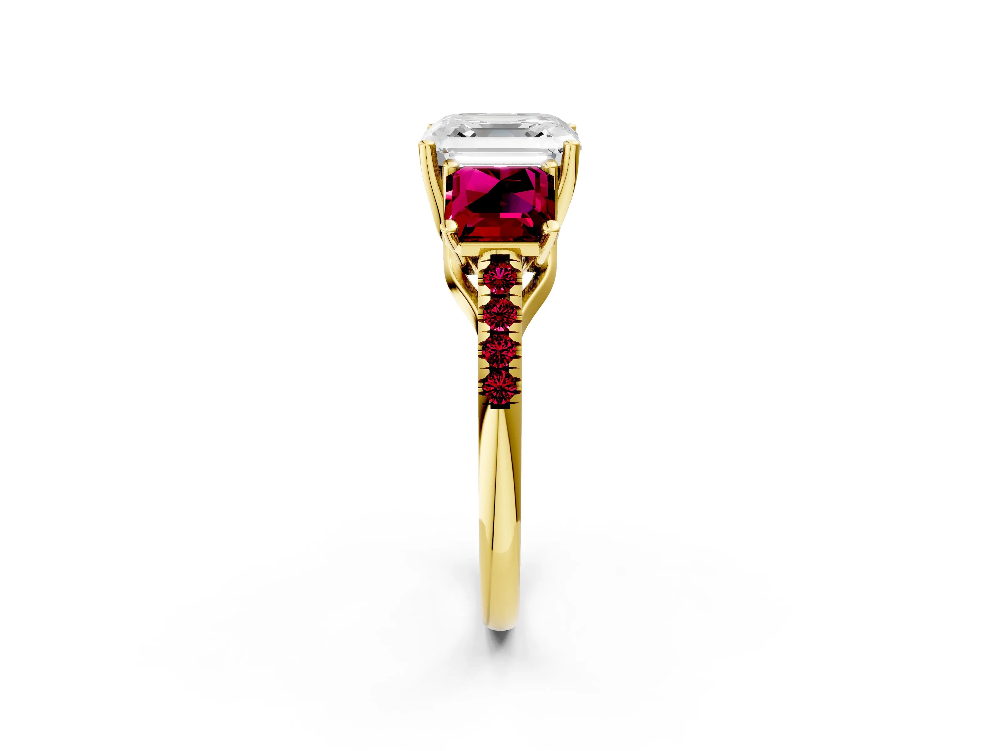 Yellow gold Three-Stone Asscher Cut Diamond Ring with Round with Garnet side stone Pavé Band and Prong Setting_2