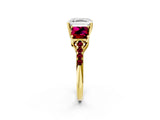 Yellow gold Three-Stone Asscher Cut Diamond Ring with Round with Garnet side stone Pavé Band and Prong Setting_2
