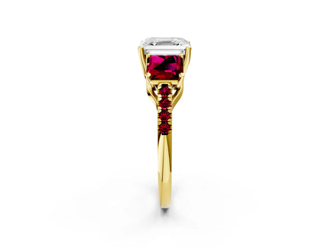 Yellow gold Three-Stone Asscher Cut Diamond Ring with Round with Garnet side stone Pavé Band and Prong Setting_2