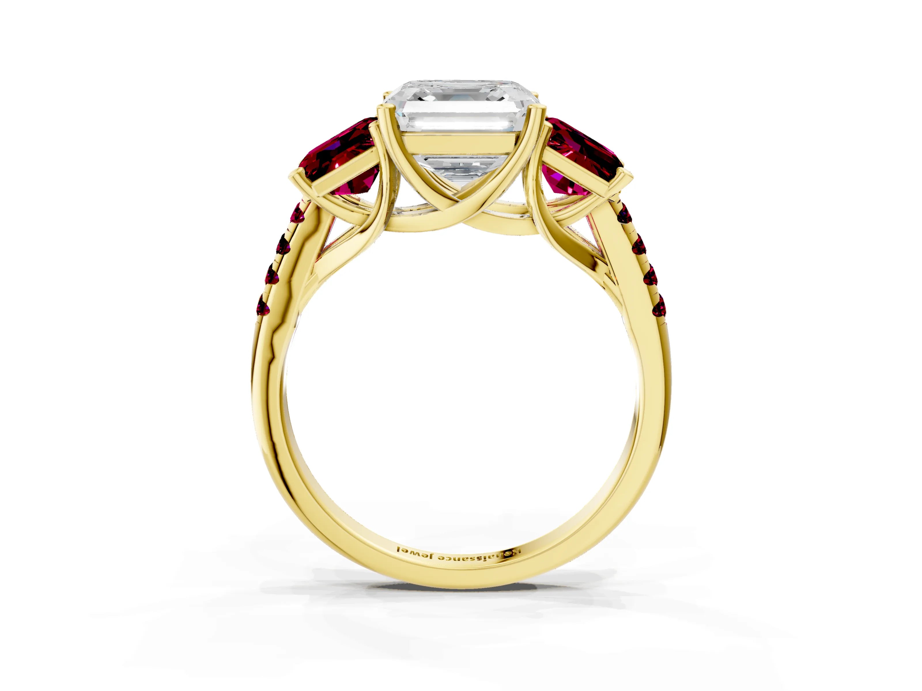Yellow gold Three-Stone Asscher Cut Diamond Ring with Round with Garnet side stone Pavé Band and Prong Setting_3