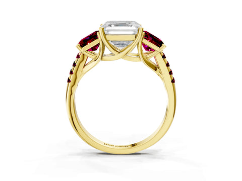 Yellow gold Three-Stone Asscher Cut Diamond Ring with Round with Garnet side stone Pavé Band and Prong Setting_3