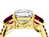 Yellow gold Three-Stone Asscher Cut Diamond Ring with Round with Garnet side stone Pavé Band and Prong Setting_4