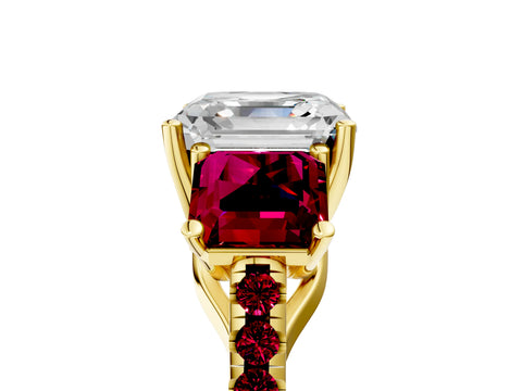 Yellow gold Three-Stone Asscher Cut Diamond Ring with Round with Garnet side stone Pavé Band and Prong Setting_5
