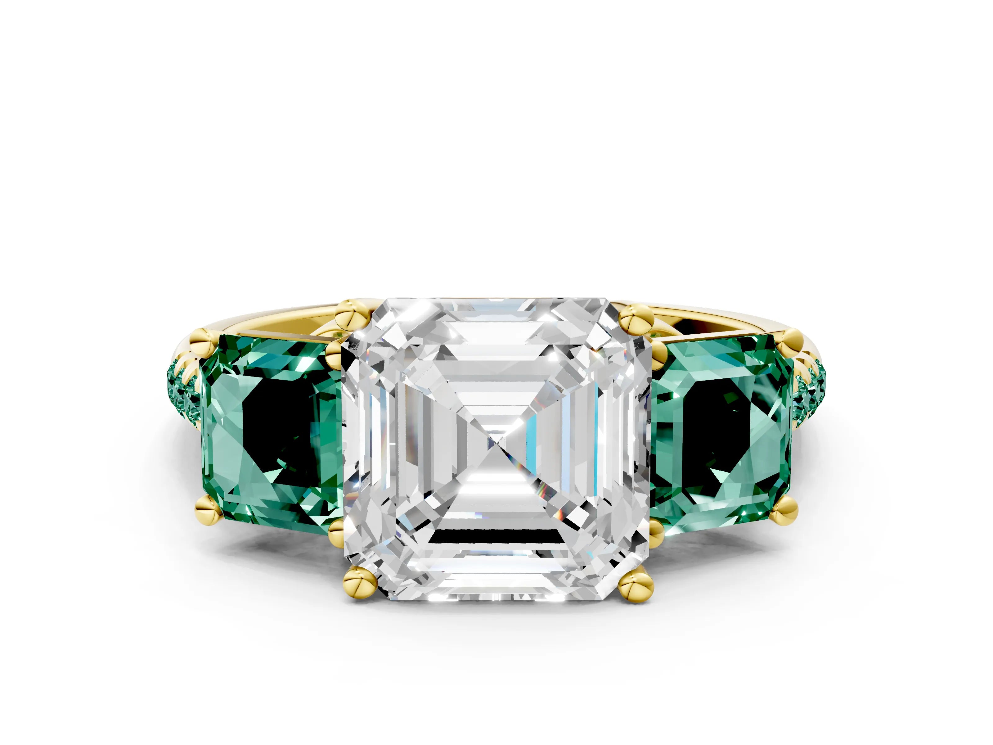 Yellow gold Three-Stone Asscher Cut Diamond Ring with Round with Green Sapphire side stone Pavé Band and Prong Setting