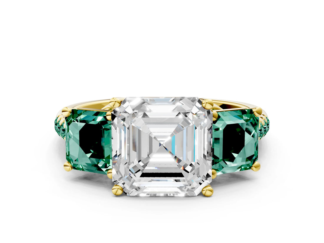 Yellow gold Three-Stone Asscher Cut Diamond Ring with Round with Green Sapphire side stone Pavé Band and Prong Setting