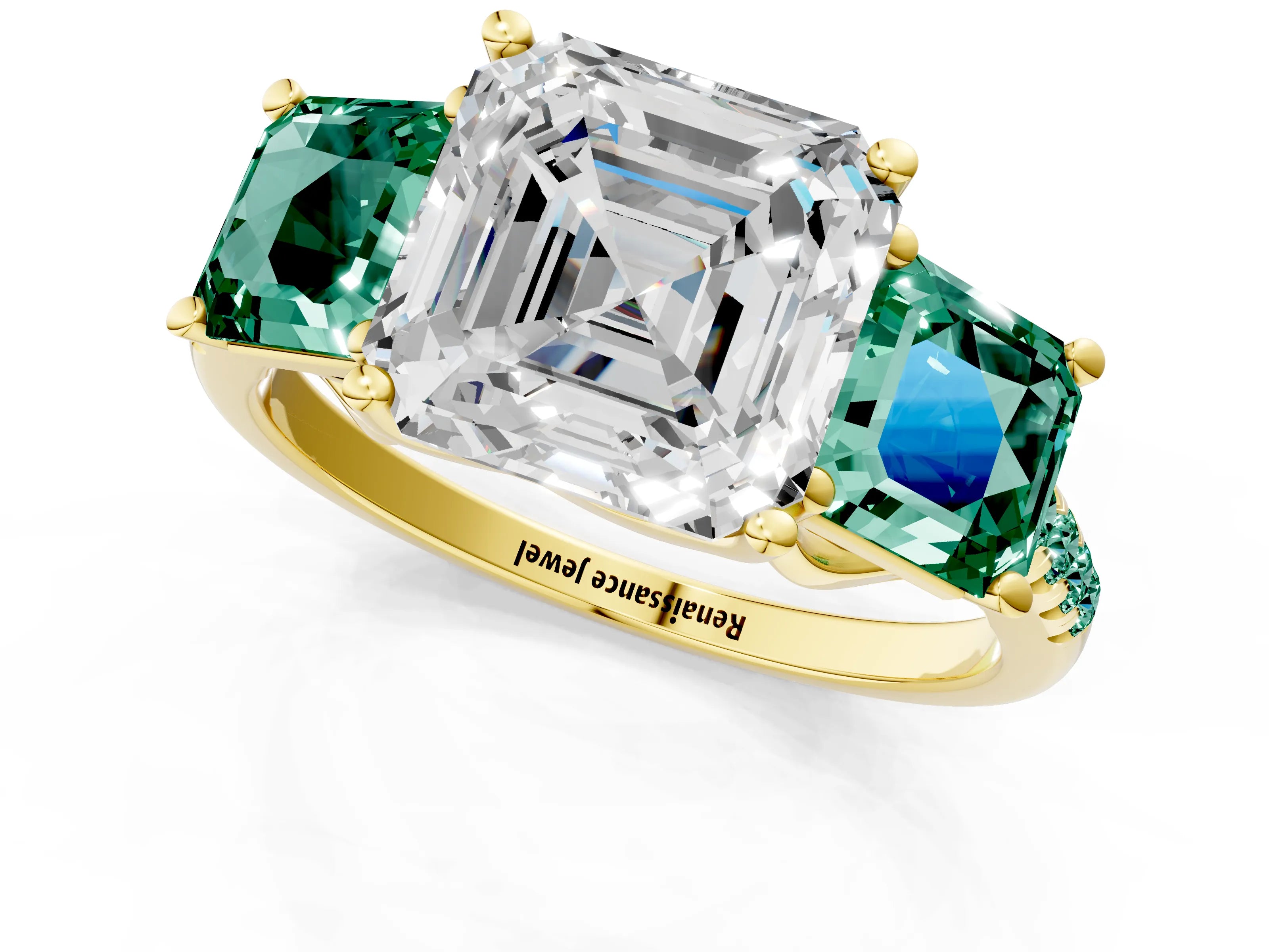 Yellow gold Three-Stone Asscher Cut Diamond Ring with Round with Green Sapphire side stone Pavé Band and Prong Setting_1