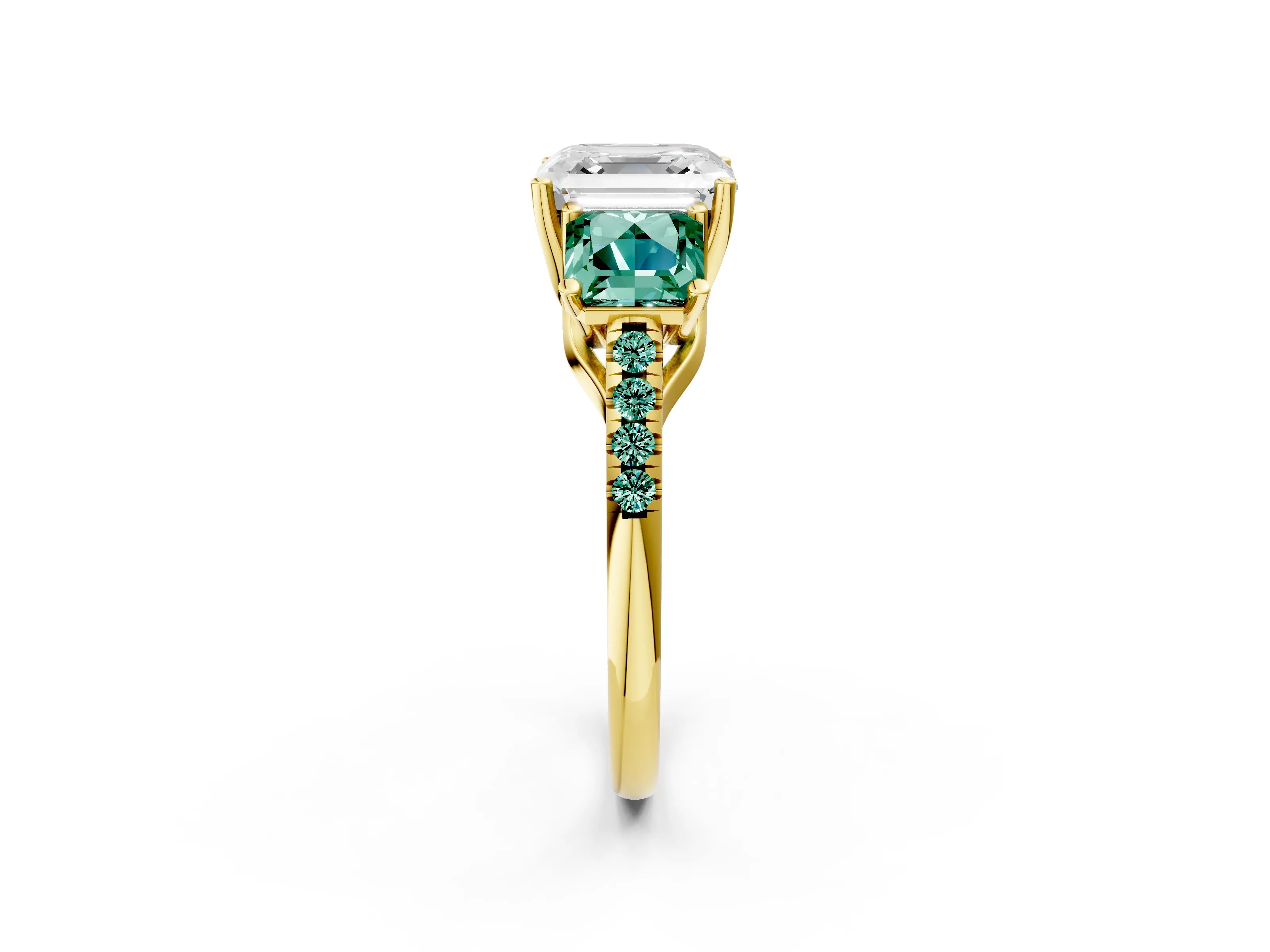 Yellow gold Three-Stone Asscher Cut Diamond Ring with Round with Green Sapphire side stone Pavé Band and Prong Setting_2