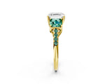 Yellow gold Three-Stone Asscher Cut Diamond Ring with Round with Green Sapphire side stone Pavé Band and Prong Setting_2