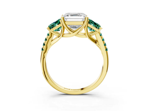 Yellow gold Three-Stone Asscher Cut Diamond Ring with Round with Green Sapphire side stone Pavé Band and Prong Setting_3