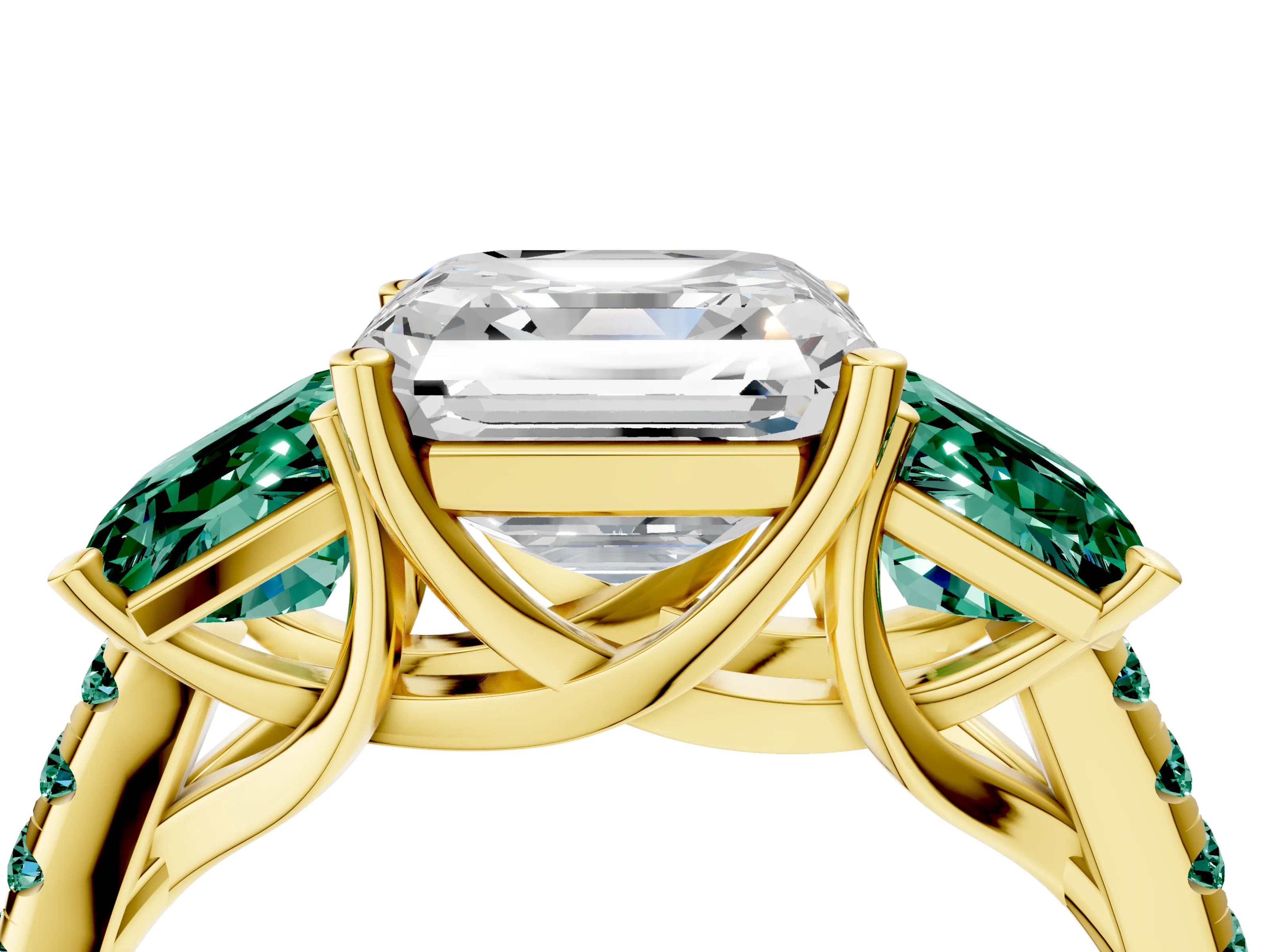 Yellow gold Three-Stone Asscher Cut Diamond Ring with Round with Green Sapphire side stone Pavé Band and Prong Setting_4