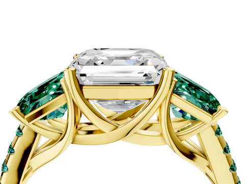 Yellow gold Three-Stone Asscher Cut Diamond Ring with Round with Green Sapphire side stone Pavé Band and Prong Setting_4