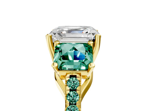 Yellow gold Three-Stone Asscher Cut Diamond Ring with Round with Green Sapphire side stone Pavé Band and Prong Setting_5