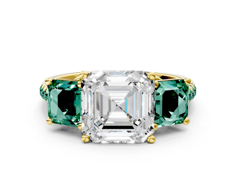 Yellow gold Three-Stone Asscher Cut Diamond Ring with Round with Green Sapphire side stone Pavé Band and Prong Setting
