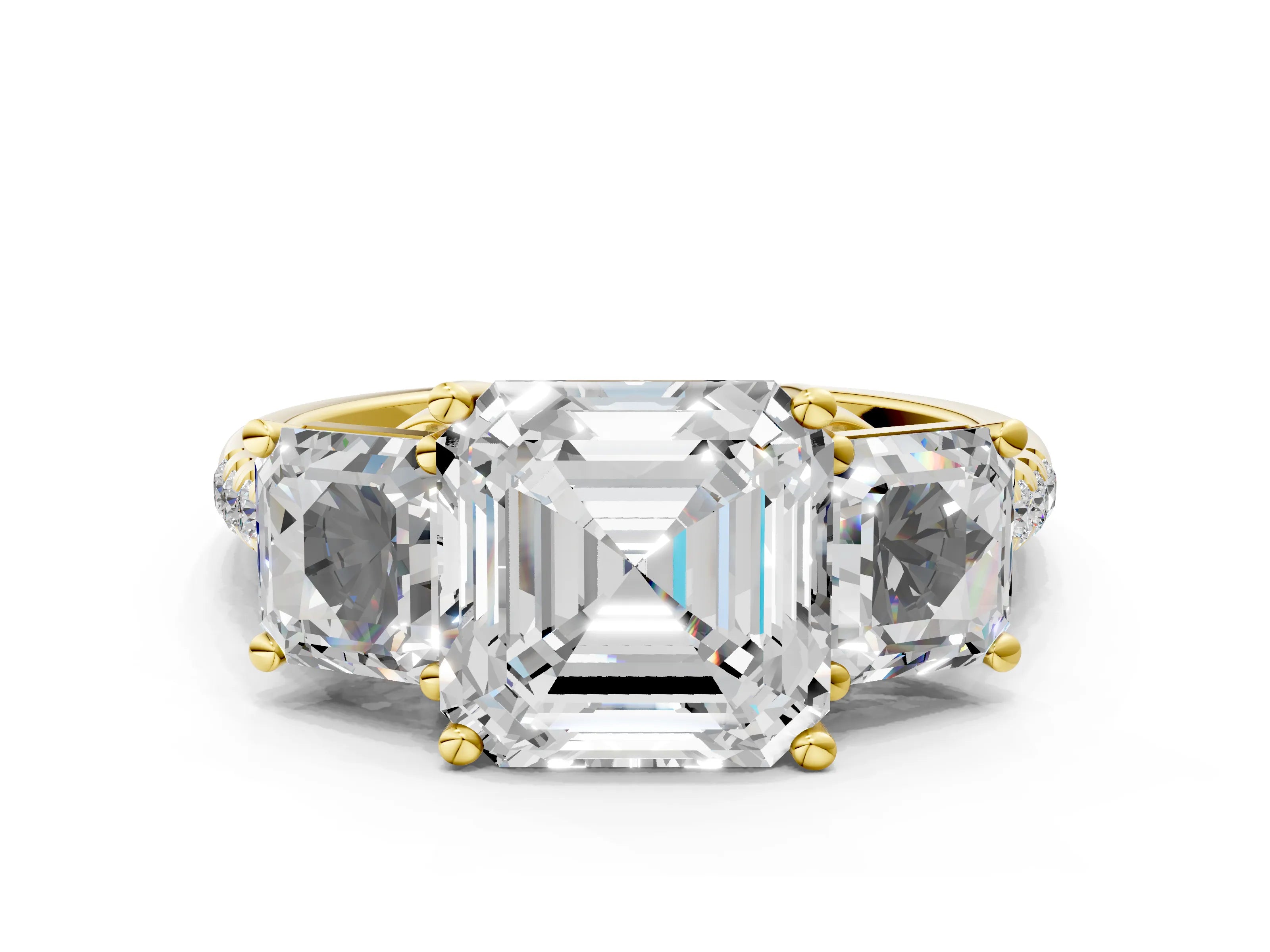 Yellow gold Three-Stone Asscher Cut Diamond Ring with Round with Moissanite side stone Pavé Band and Prong Setting
