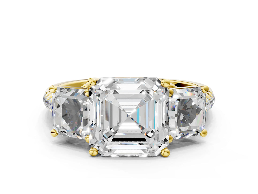 Yellow gold Three-Stone Asscher Cut Diamond Ring with Round with Moissanite side stone Pavé Band and Prong Setting
