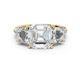 Yellow gold Three-Stone Asscher Cut Diamond Ring with Round with Moissanite side stone Pavé Band and Prong Setting