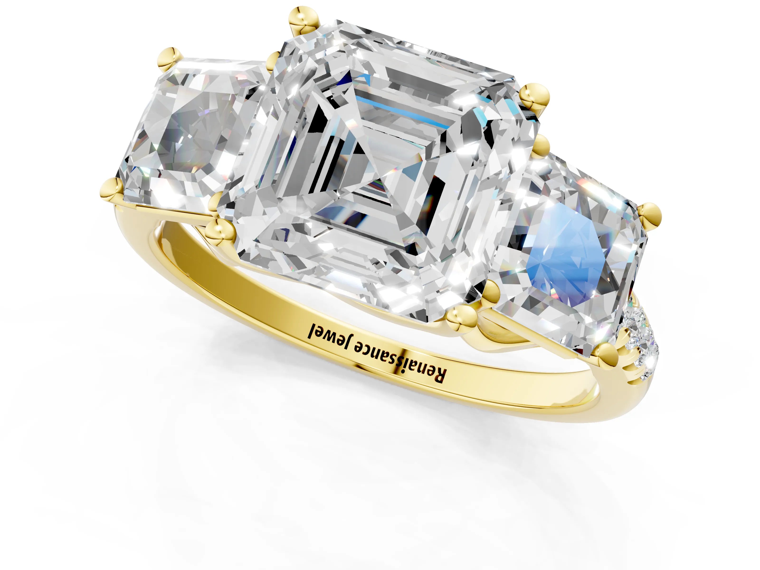Yellow gold Three-Stone Asscher Cut Diamond Ring with Round with Moissanite side stone Pavé Band and Prong Setting_1