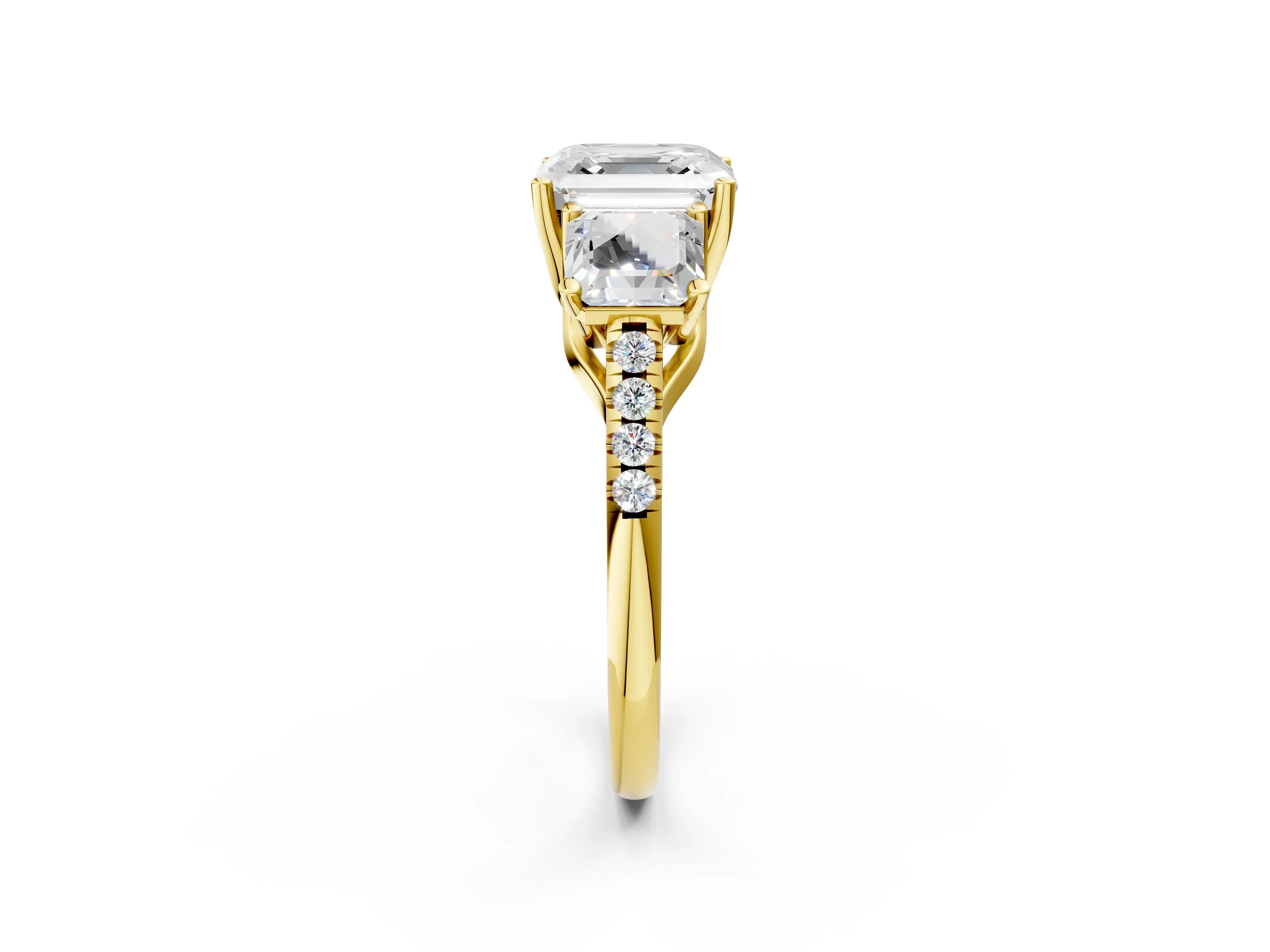 Yellow gold Three-Stone Asscher Cut Diamond Ring with Round with Moissanite side stone Pavé Band and Prong Setting_2