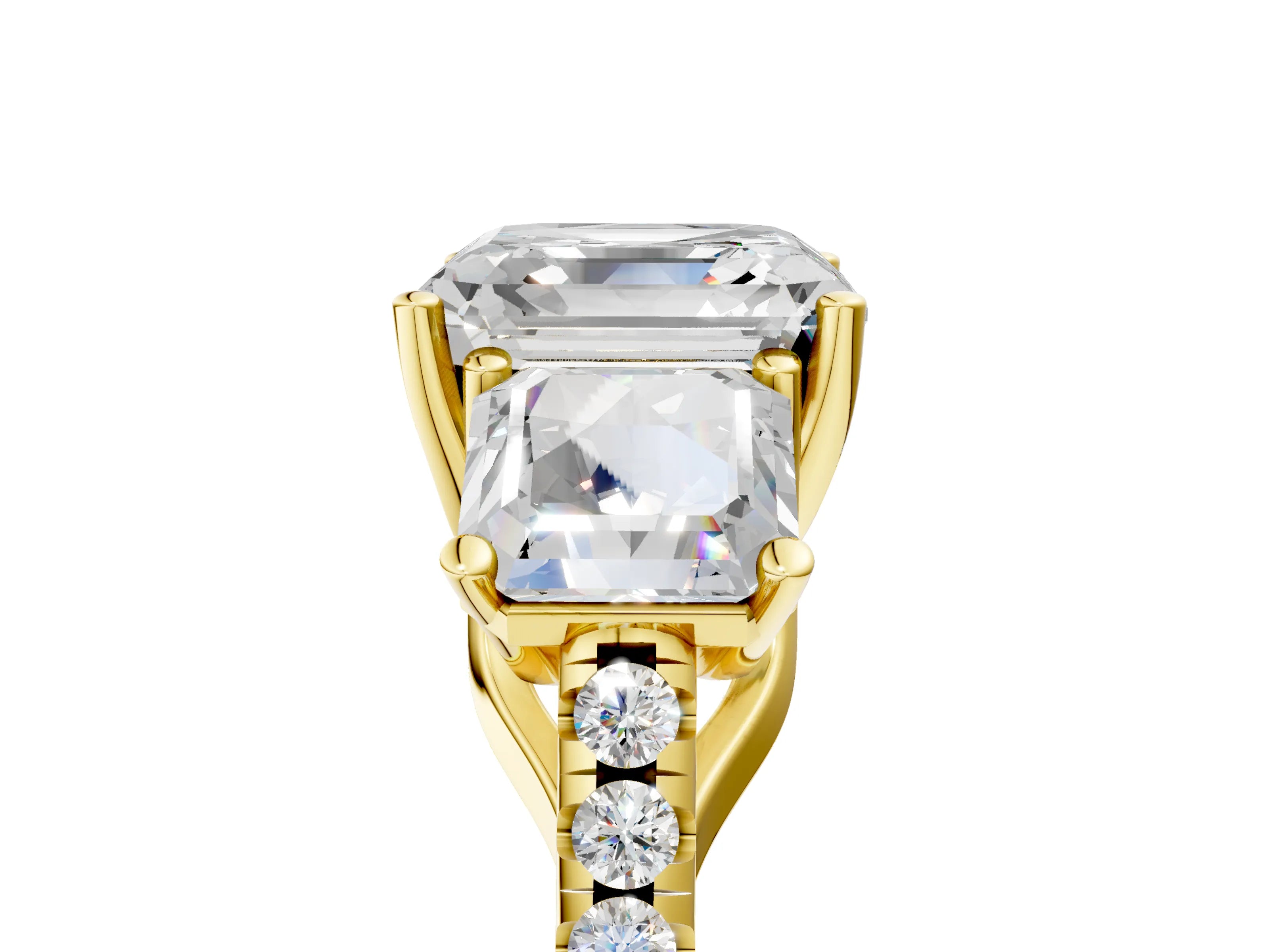 Yellow gold Three-Stone Asscher Cut Diamond Ring with Round with Moissanite side stone Pavé Band and Prong Setting_5